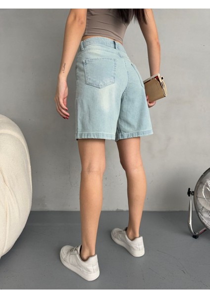 Kadın Efektli Yüksek Bel Bermuda Denim Kot Şort