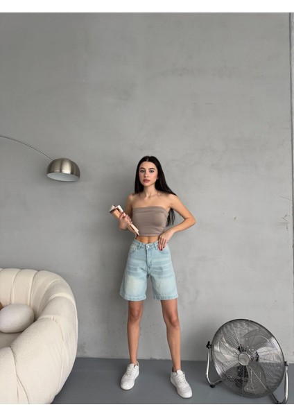 Kadın Efektli Yüksek Bel Bermuda Denim Kot Şort