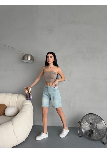Kadın Efektli Yüksek Bel Bermuda Denim Kot Şort