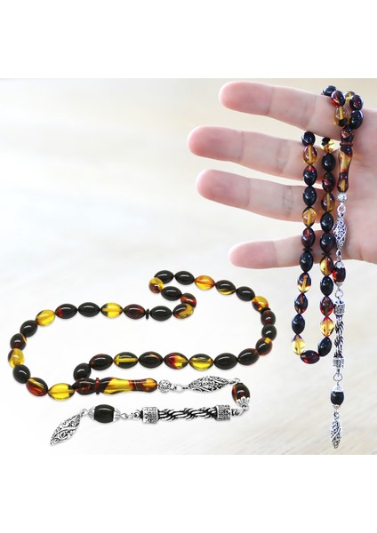 Kararmaz Metal Halat Püsküllü Arpa Kesim Bala-Siyah Ateş Kehribar Tesbih