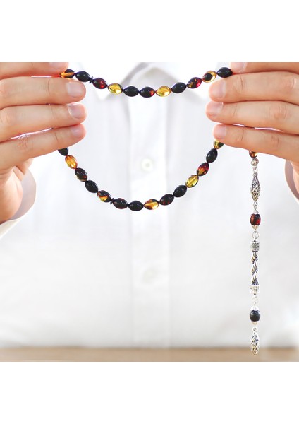 Kararmaz Metal Halat Püsküllü Arpa Kesim Bala-Siyah Ateş Kehribar Tesbih fiyatları