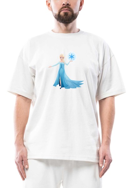 Karlar Ülkesi Elsa Siluet Oversize Beyaz Tişört