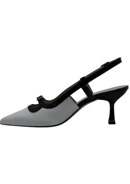 Hakiki Deri Krem-Sıyah Ayakkabı Stiletto 9841 110