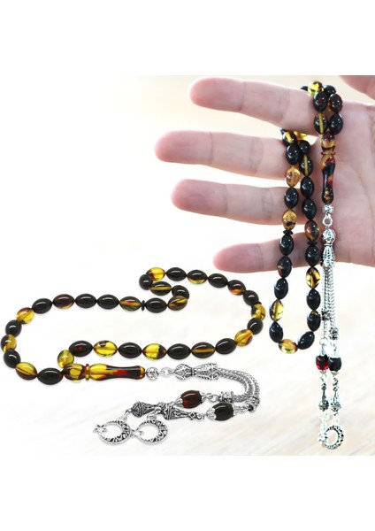 Kararmaz Metal Ayyıldız Püsküllü Arpa Kesim Bala-Siyah Ateş Kehribar Tesbih