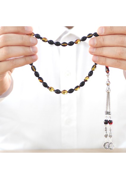 Kararmaz Metal Ayyıldız Püsküllü Arpa Kesim Bala-Siyah Ateş Kehribar Tesbih fiyatları