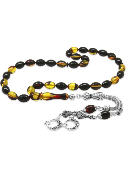 Kararmaz Metal Ayyıldız Püsküllü Arpa Kesim Bala-Siyah Ateş Kehribar Tesbih