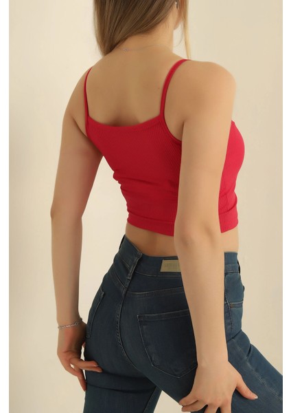 Büzgülü Dantel Yaka Askılı Crop