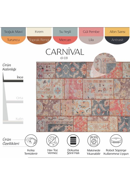 Carnival Renkli Patchwork Halı Yolluk Dokuma Şönil Halı Makinede Yıkanabilir Eskitme Vintage Halı