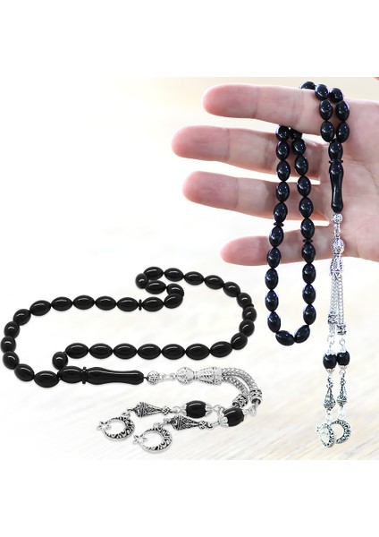 Kararmaz Metal Ayyıldız Püsküllü Arpa Kesim Siyah Sıkma Kehribar Tesbih