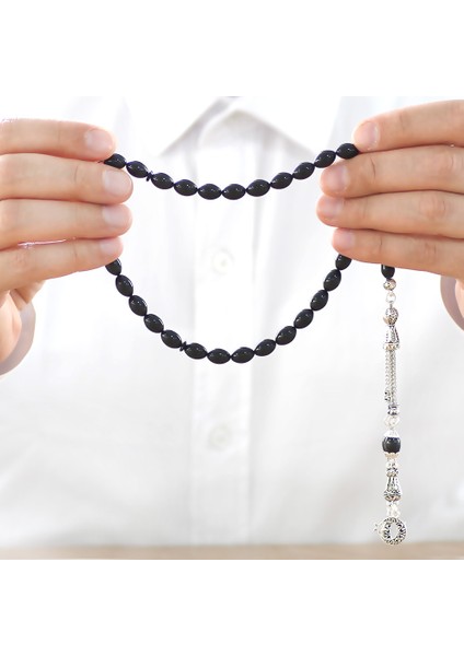 Kararmaz Metal Ayyıldız Püsküllü Arpa Kesim Siyah Sıkma Kehribar Tesbih fiyatları