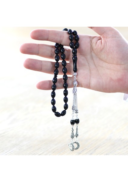 Kararmaz Metal Ayyıldız Püsküllü Arpa Kesim Siyah Sıkma Kehribar Tesbih modelleri