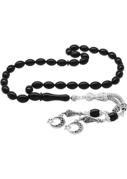 Kararmaz Metal Ayyıldız Püsküllü Arpa Kesim Siyah Sıkma Kehribar Tesbih