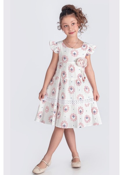 Etnik Desenli %100 Pamuk Müslin Kumaş Kısa Kollu Kız Çocuk Elbise - Ekru/pudra