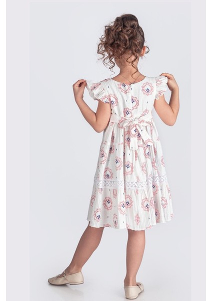 Etnik Desenli %100 Pamuk Müslin Kumaş Kısa Kollu Kız Çocuk Elbise - Ekru/pudra fiyatları