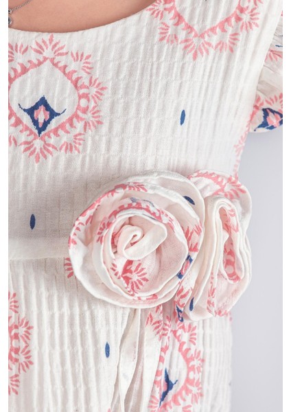Etnik Desenli %100 Pamuk Müslin Kumaş Kısa Kollu Kız Çocuk Elbise - Ekru/pudra modelleri
