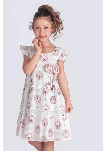 Etnik Desenli %100 Pamuk Müslin Kumaş Kısa Kollu Kız Çocuk Elbise - Ekru/pudra indirimleri