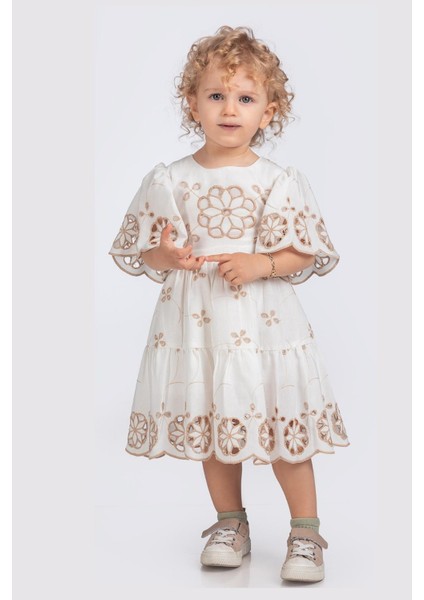 Kısa Volan Kollu Çiçek Nakışlı Kız Çocuk Brode Elbise - Ekru Bej