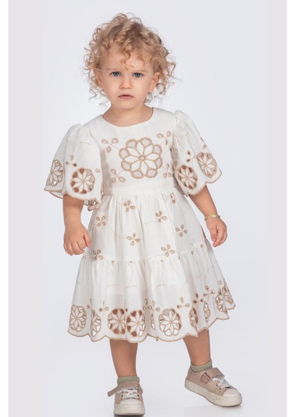 Kısa Volan Kollu Çiçek Nakışlı Kız Çocuk Brode Elbise - Ekru Bej modelleri