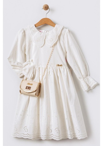 Fisto Yakalı Çantalı Uzun Kollu Kız Çocuk Brode Elbise - Ekru