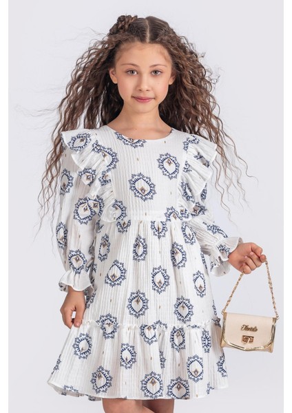Etnik Desenli Müslin Kumaş Uzun Kollu Kız Çocuk Elbise - Ekru/mavi