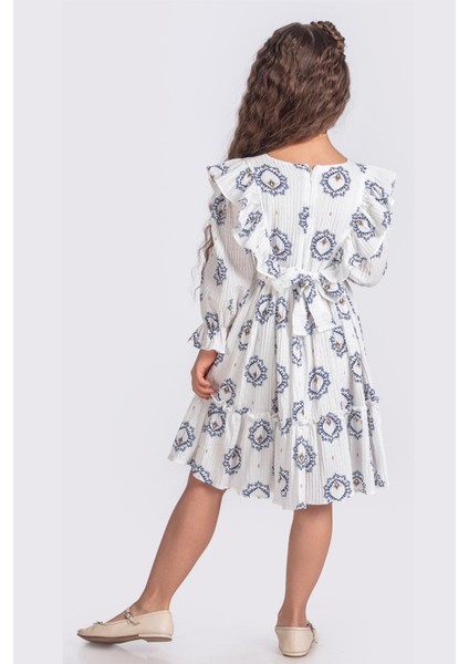 Etnik Desenli Müslin Kumaş Uzun Kollu Kız Çocuk Elbise - Ekru/mavi fiyatları