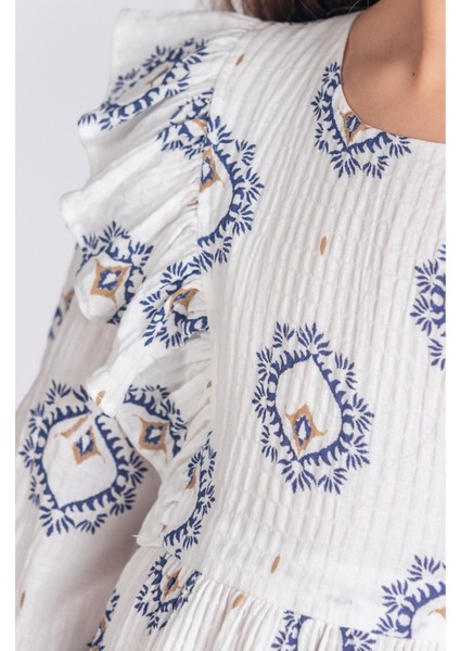 Etnik Desenli Müslin Kumaş Uzun Kollu Kız Çocuk Elbise - Ekru/mavi modelleri