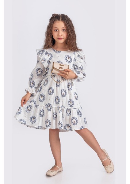 Etnik Desenli Müslin Kumaş Uzun Kollu Kız Çocuk Elbise - Ekru/mavi indirimleri