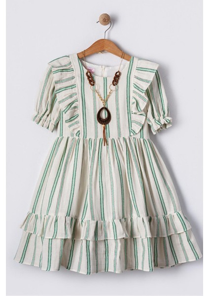 Kolyeli %100 Pamuk Müslin Kumaş Kısa Kollu Kız Çocuk Elbise - Krem/yeşil
