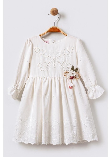Kelebek Nakışlı Uzun Kollu Kız Çocuk Brode Elbise - Ekru