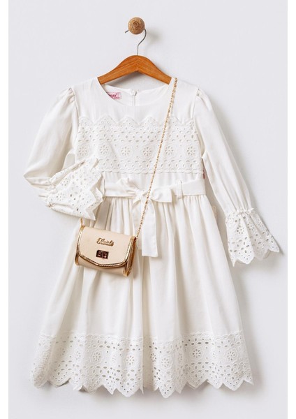 Şerit Fistolu Uzun Kollu Kız Çocuk Brode Elbise - Ekru