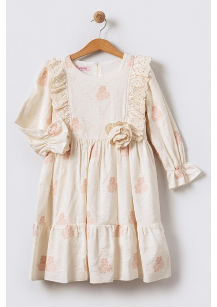 Dantel Detaylı Çiçekli Uzun Kollu Kız Çocuk Elbise - Pudra