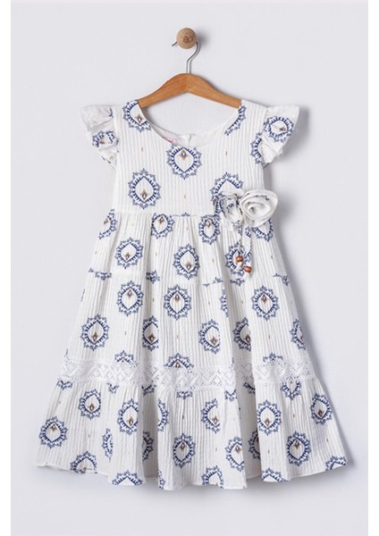 Etnik Desenli %100 Pamuk Müslin Kumaş Kısa Kollu Kız Çocuk Elbise - Ekru/mavi