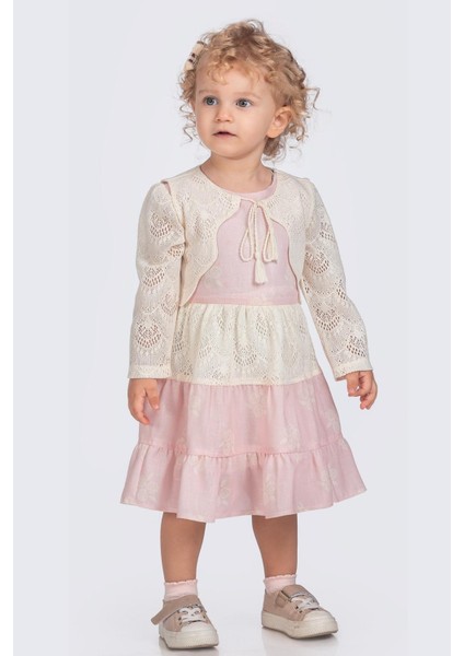 Nakış Yelekli Uzun Kollu Kız Çocuk Keten Elbise - Pembe