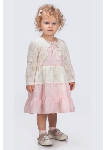 Nakış Yelekli Uzun Kollu Kız Çocuk Keten Elbise - Pembe modelleri