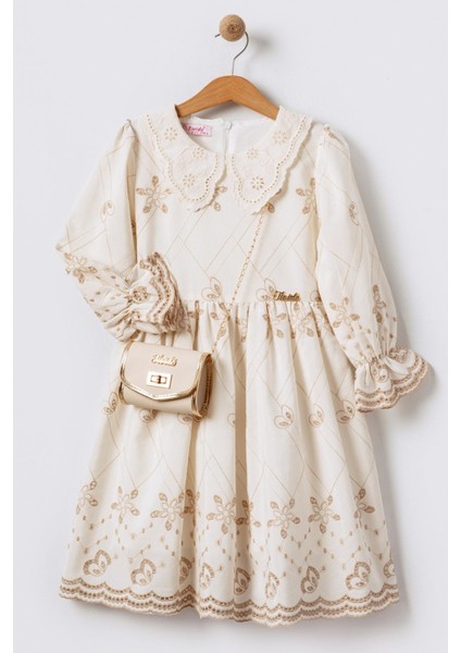 Fisto Yakalı Çantalı Uzun Kollu Kız Çocuk Brode Elbise - Bej