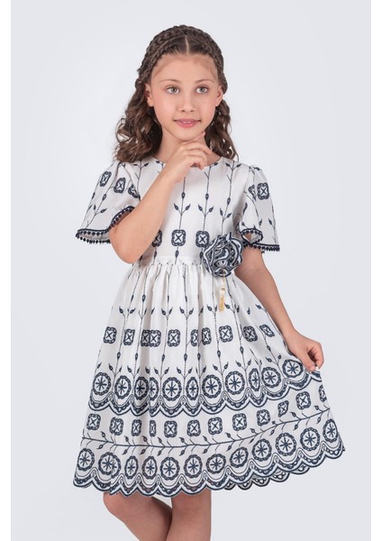 Kısa Volan Kollu Kız Çocuk Nakışlı Brode Elbise - Lacivert