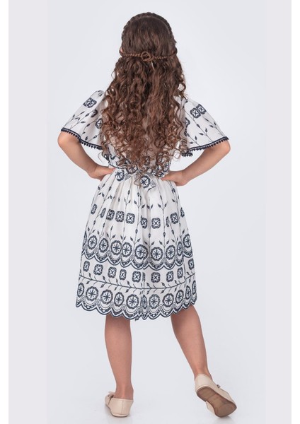 Kısa Volan Kollu Kız Çocuk Nakışlı Brode Elbise - Lacivert fiyatları