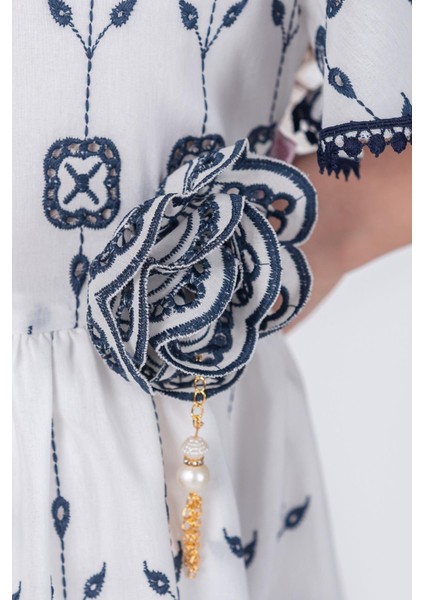 Kısa Volan Kollu Kız Çocuk Nakışlı Brode Elbise - Lacivert modelleri