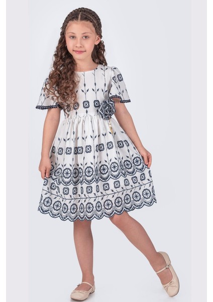 Kısa Volan Kollu Kız Çocuk Nakışlı Brode Elbise - Lacivert fırsatları