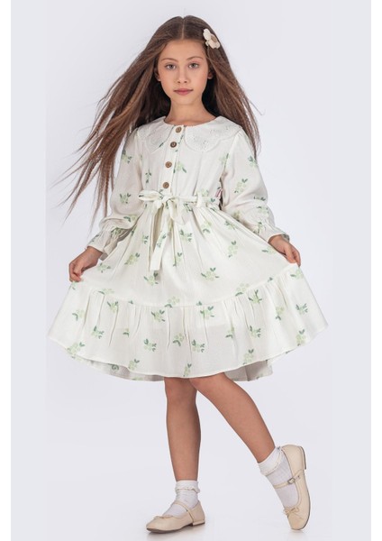 Fisto Yakalı Bürümcük Kumaş Uzun Kollu Kız Çocuk Gömlek Elbise - Yeşil
