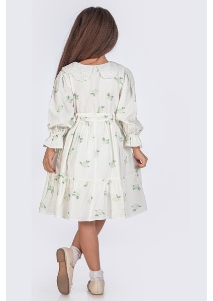 Fisto Yakalı Bürümcük Kumaş Uzun Kollu Kız Çocuk Gömlek Elbise - Yeşil fiyatları