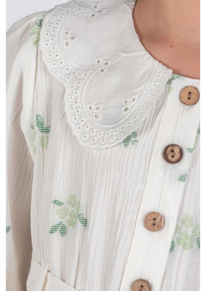 Fisto Yakalı Bürümcük Kumaş Uzun Kollu Kız Çocuk Gömlek Elbise - Yeşil fırsatları