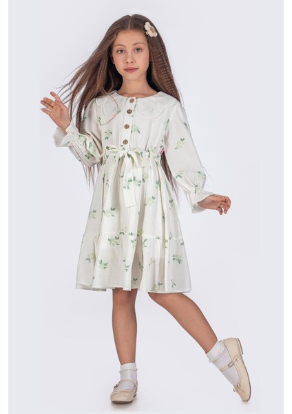 Fisto Yakalı Bürümcük Kumaş Uzun Kollu Kız Çocuk Gömlek Elbise - Yeşil indirimleri