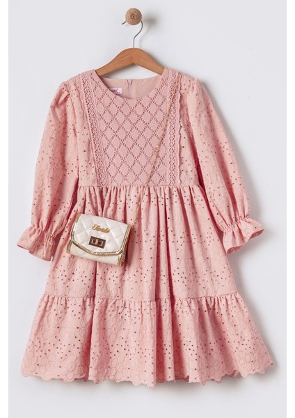 Çantalı Örme Detaylı Uzun Kollu Kız Çocuk Brode Elbise - Pudra
