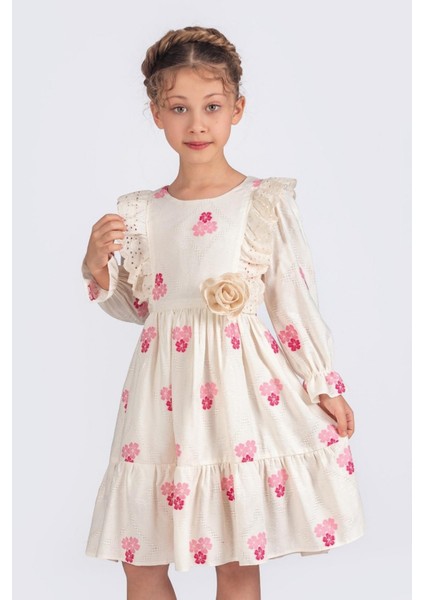 Dantel Detaylı Çiçekli Uzun Kollu Kız Çocuk Elbise - Pembe