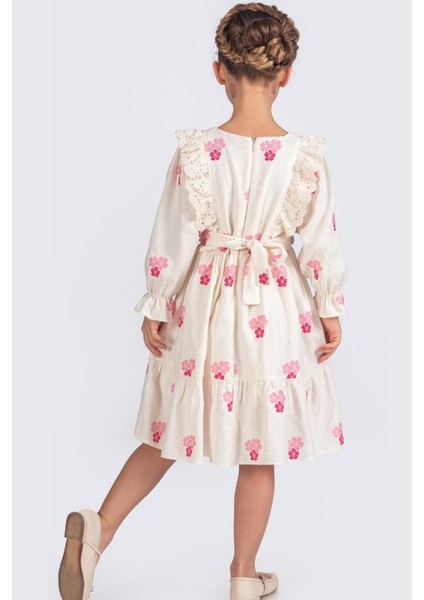 Dantel Detaylı Çiçekli Uzun Kollu Kız Çocuk Elbise - Pembe fiyatları