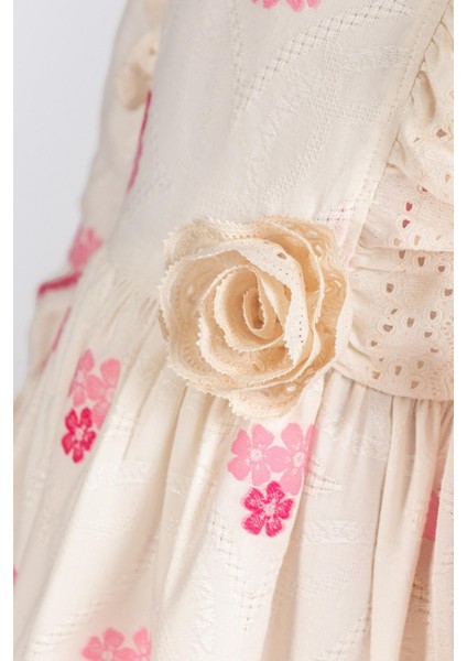 Dantel Detaylı Çiçekli Uzun Kollu Kız Çocuk Elbise - Pembe modelleri