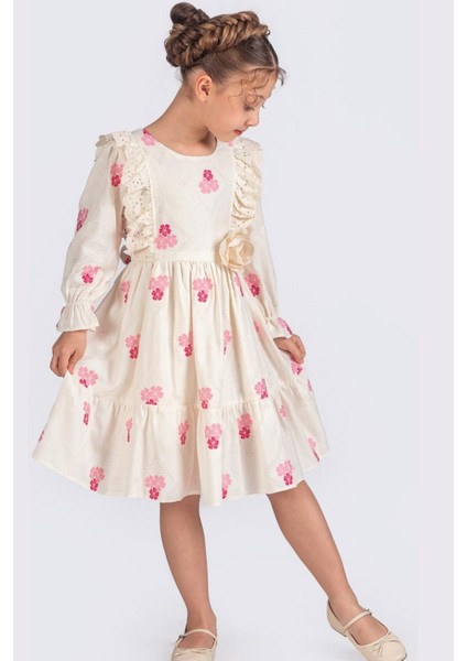 Dantel Detaylı Çiçekli Uzun Kollu Kız Çocuk Elbise - Pembe indirimleri