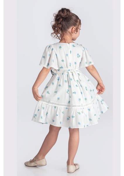 Şile Bezi Volan Kollu Çiçekli Kız Çocuk Elbisesi - Mavi fiyatları