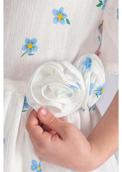 Şile Bezi Volan Kollu Çiçekli Kız Çocuk Elbisesi - Mavi modelleri